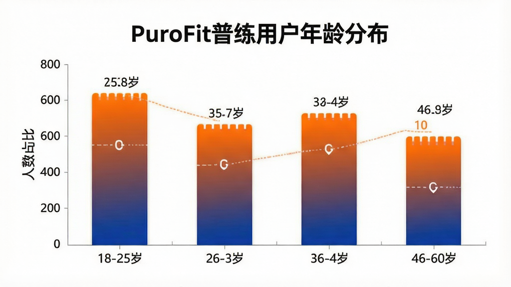 һ��չʾ��ͬ������û�ʹ��PuroFit������ռ����״ͼ��������������״ͼ�������ע�����18-25�ꡢ26-35�ꡢ36-45�ꡢ46-60�꣬�����ע����ռ�ȣ�������ɫΪ�����Ⱥ��������䣬�����ɾ���ɫ��������ݿ��ӻ�������ϸ�ڱ�ע��ȷ�����ʸɾ��޶���Ԫ�أ�ͼƬ����ʾ���֡�PuroFit�����û�����ֲ���