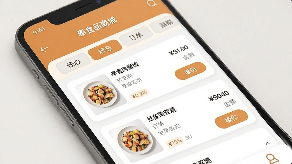 一张上奉食品商城App个人中心订单管理页面的手机界面展示图,画面中手机屏幕显示订单列表,顶部有状态分栏标签,下方是订单卡片包含商品缩略图、名称、金额和操作按钮,布局清晰,风格简洁现代,暖色系,画质干净,无多余元素
