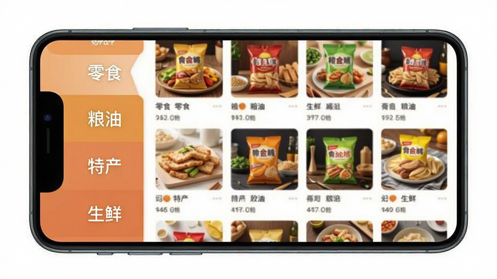 一张上奉食品商城App分类页面的手机界面展示图,画面中手机屏幕显示食品分类列表,左侧是垂直导航栏包含零食、粮油、特产、生鲜等分类标签,右侧是商品网格缩略图,布局整齐,风格清爽,暖色调,画质干净,无多余元素