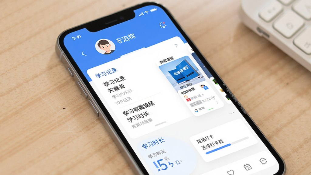 �ÿ���ѧAPP��������ҳ��չʾͼ���������ֻ���Ļ��ʾѧϰ��¼�б����ղؿγ̿�Ƭ���������û�ͷ����ǳƣ��·���ѧϰʱ��ͳ�ƺ������������������Ű����룬������ɫ����ƽ����ƣ����ֱ�ǩ��ȷ�����ʸɾ��޶���Ԫ��
