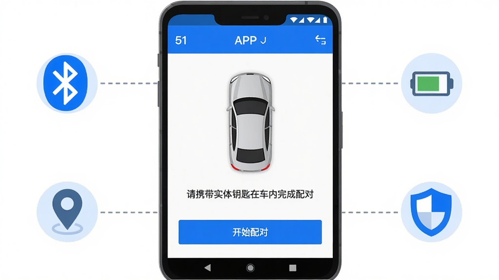 画面主体为一部安卓手机屏幕显示51数字钥匙APP的车辆添加引导页面,界面中央是一辆汽车俯视图和“请携带实体钥匙在车内完成配对”的提示文字,下方是“开始配对”蓝色按钮;手机左侧悬浮一个蓝牙图标和一个定位图标,右侧悬浮一个电池图标和一个盾牌图标,四个图标用虚线连向手机屏幕四角,象征权限设置;布局为手机居中,图标环绕四周;风格为说明性扁平插画,蓝白灰配色,文字清晰,画质干净,背景为纯白,无多余元素