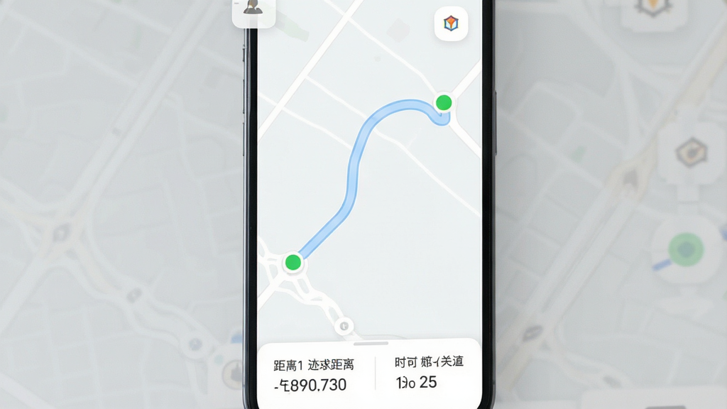 一张手机屏幕展示迹点软件主界面,画面中央是简洁的地图轨迹线条,起点和终点用绿色小圆点标注,路线呈淡蓝色曲线,底部显示距离和时长数据,背景为浅灰白色,风格现代扁平,排版干净,细节圆润,画质清晰无多余元素
