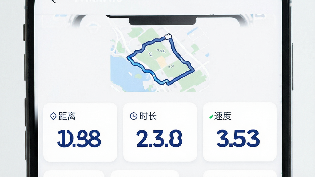手机屏幕显示迹点软件的数据统计页面,上方是当日轨迹路线小图,下方排列着距离、时长、速度三个数据卡片,数字用深蓝色大字突出,背景干净,风格简约,画质清晰,无杂乱图标