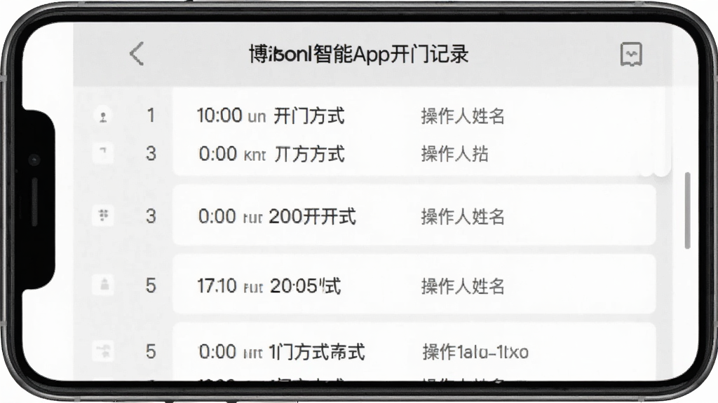 博洛尼智能App开门记录页面手机截图,页面按时间顺序列出多条开门记录,每条记录包含时间、开门方式和操作人姓名,界面采用上下滑动列表布局,配色以白色和浅灰色为主,文字清晰易读,风格干净利落