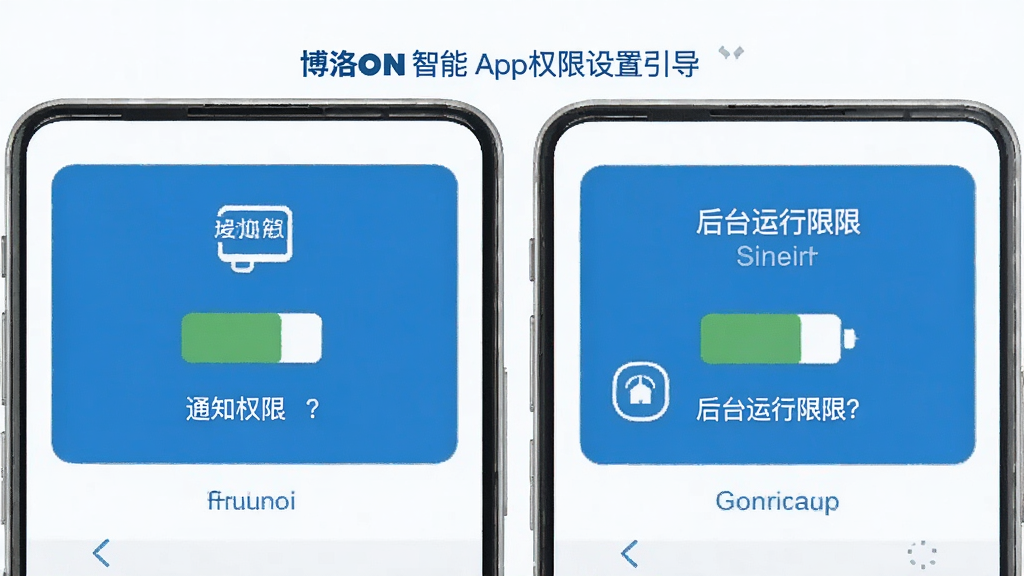 博洛尼智能App权限设置引导页面手机截图,画面展示通知权限和后台运行权限的开启步骤说明,配有简单的图标示意和文字提示,界面风格友好清晰,配色以白色和蓝色为主,布局规整,画质干净