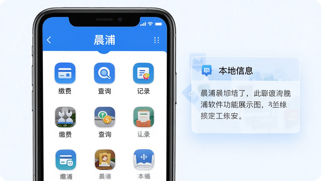 晨浦软件功能展示图,画面中央是手机屏幕特写,屏幕内呈现“晨浦”便民工具页面,图标排列为三行四列,每个图标下方有中文标签如“缴费”“查询”“记录”,界面以蓝白配色为主,右侧漂浮一个半透明的本地信息卡片示意,整体风格清爽,画质干净,无杂乱元素