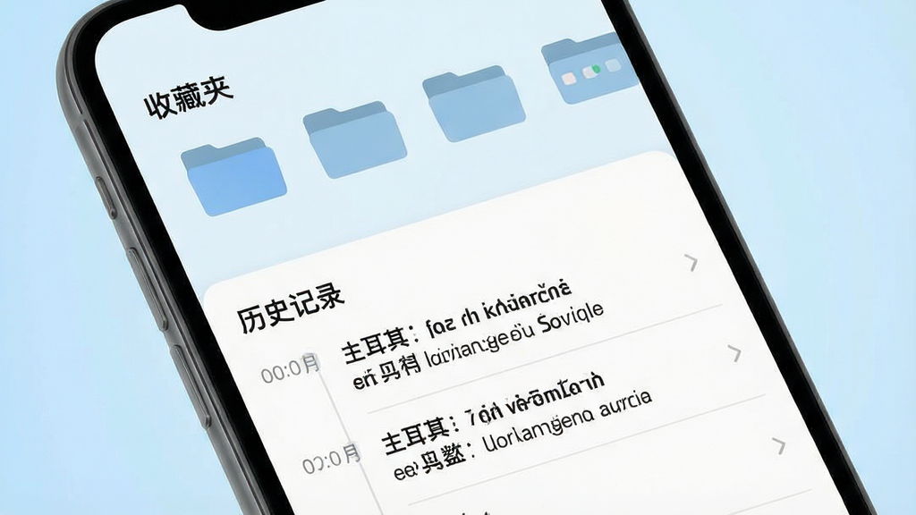 一张展示土耳其语翻译软件收藏夹和历史记录功能的图片,主体为手机屏幕界面,屏幕上半部分显示“收藏夹”标签和分类文件夹图标,下半部分显示“历史记录”时间线列表,每条记录有中文和土耳其语对照文字,背景为淡蓝色渐变,布局为上下结构,风格现代简约,细节线条干净,画质清晰无多余元素