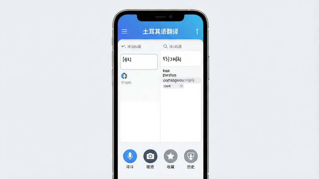 一张展示土耳其语翻译软件核心全貌的图片,主体为一部智能手机屏幕,屏幕上显示着“土耳其语翻译”应用的主界面,界面顶部有蓝色渐变导航栏,中间是左右分栏的翻译输入框和结果展示区,下方排列着语音、相机、收藏、历史等圆形功能图标,背景是干净的浅灰色,布局清晰对称,风格现代扁平化,细节圆润精致,画质高清干净,无多余元素