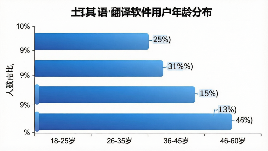 一张展示土耳其语翻译软件用户年龄分布的柱状图图片,主体为横向柱状图,横轴标注年龄段“18-25岁”“26-35岁”“36-45岁”“46-60岁”,纵轴标注人数占比百分比,柱体为蓝色渐变,每根柱子上方标注具体百分比数值,背景为白色,布局居中,风格数据可视化简洁风,细节清晰,画质干净无多余元素