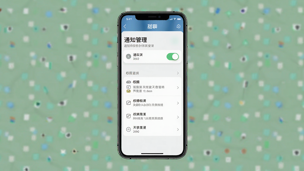 一张手机设置界面的示意图,展示甜聊APP的通知权限管理页面,页面中有通知开关选项和权限列表,界面清晰明了,风格简洁现代,画质干净,无多余元素