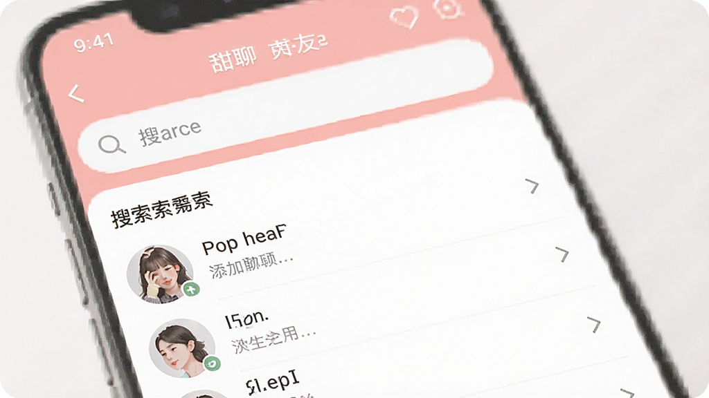 一张手机界面截图风格图,展示甜聊APP的添加好友页面,页面中有搜索框和搜索结果列表,界面布局清晰,文字标签明确,风格现代扁平,配色柔和,画质干净清晰,无多余元素