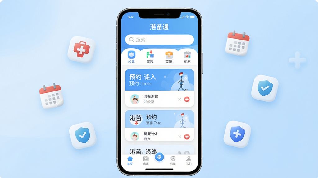 一张手机应用界面展示图,画面中央是一部现代智能手机,屏幕上显示“港苗通”应用的主页,顶部有搜索栏和分类图标,中部是预约卡片列表,底部为导航栏,背景为浅蓝色渐变,周围漂浮着医疗十字、日历、盾牌等小图标,风格简洁清新,细节圆润,画质清晰,干净无多余元素