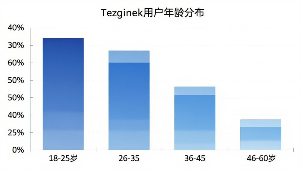 Tezginek用户年龄分布柱状图,横轴为年龄段18-25岁、26-35岁、36-45岁、46-60岁,纵轴为用户占比百分比,柱状图颜色为渐变的蓝色系,图表标题为“Tezginek用户年龄分布”,风格简洁商务,画质干净,无多余元素