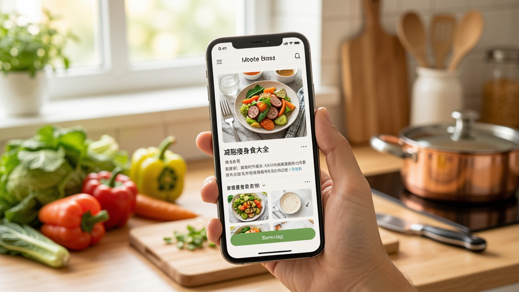 减脂瘦身食谱大全APP在手机上的使用场景图,一只手拿着手机,屏幕显示菜谱详情页,背景是厨房操作台,台面上摆放着新鲜蔬菜和厨具,画面明亮温馨,风格生活化,画质清晰自然