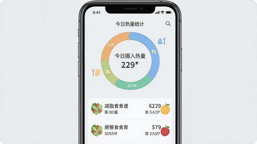 减脂瘦身食谱大全APP热量统计界面,手机屏幕中央显示一个圆环图表,标注“今日摄入热量”,下方列出三餐食谱名称及对应热量数值,旁边配有小份沙拉和水果的插画点缀,背景为浅灰色,风格现代扁平,数据展示直观清晰