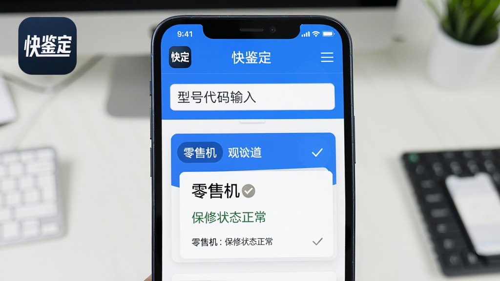 画面主体是一部手机屏幕显示“快鉴定”型号识别结果页面,页面上方是型号代码输入框,下方是识别结果卡片,标注“零售机”“保修状态正常”等字样,卡片配色为蓝白相间,背景是简洁的办公桌面,风格现代扁平,细节清晰,画质干净无多余元素,图片中“快鉴定”应用图标位于页面左上角