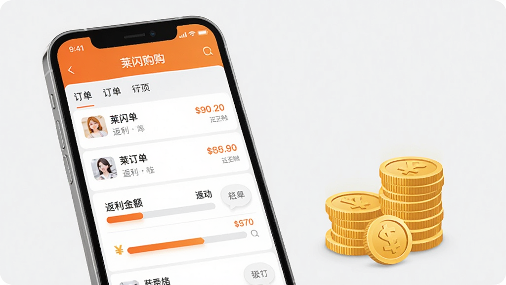 一张莱闪购App返利中心页面的示意图,画面中显示订单列表和返利金额进度条,旁边有金币堆叠的视觉元素,主体是手机界面,布局为上下结构,风格简洁明快,色彩以橙色和浅灰为主,细节清晰,画质干净,无多余装饰