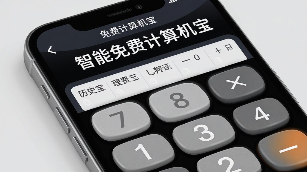 一张界面细节展示图,画面为「智能免费计算机宝」的计算器主界面特写,重点展示大尺寸数字按键和清晰的历史记录栏,屏幕上方显示「智能免费计算机宝」字样,画面采用倾斜视角展示手机屏幕,背景为浅灰色,突出按键的圆润质感和清晰字体,风格为产品细节展示图,画质精细干净,无杂乱背景元素