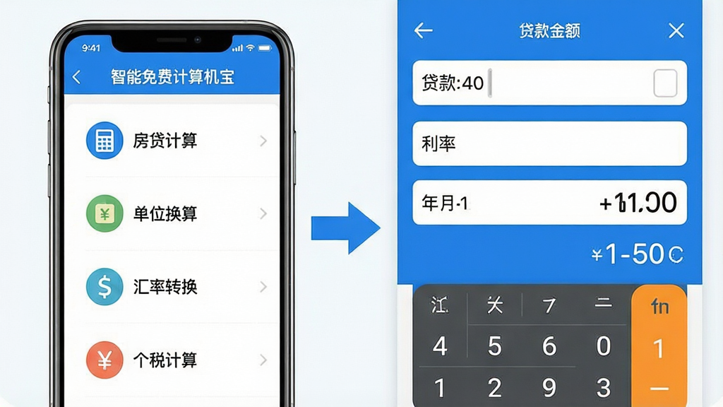 一张功能展示图,画面左侧为一部手机显示「智能免费计算机宝」的功能列表页,列表中包含房贷计算、单位换算、汇率转换、个税计算等图标入口,右侧为放大的房贷计算器界面截图,显示贷款金额、利率、年限输入框和月供结果,画面中间有箭头从列表指向计算界面,整体风格为清爽的蓝白配色,布局为左右分栏对比展示,细节清晰,画质干净,无多余装饰元素
