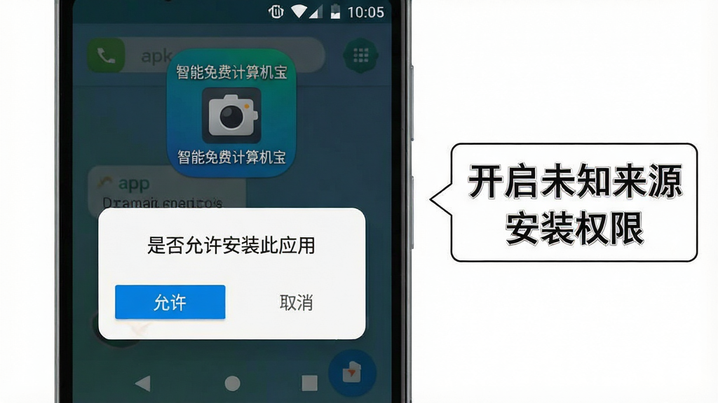 一张手机安装界面示意图,画面展示安卓手机安装apk时的权限确认弹窗,弹窗内容为「是否允许安装此应用」,下方有「允许」和「取消」按钮,手机屏幕上方显示「智能免费计算机宝」安装包图标,画面右侧用文字标注「开启未知来源安装权限」的提示框,整体风格为教程示意图,布局清晰,画质干净,无多余装饰