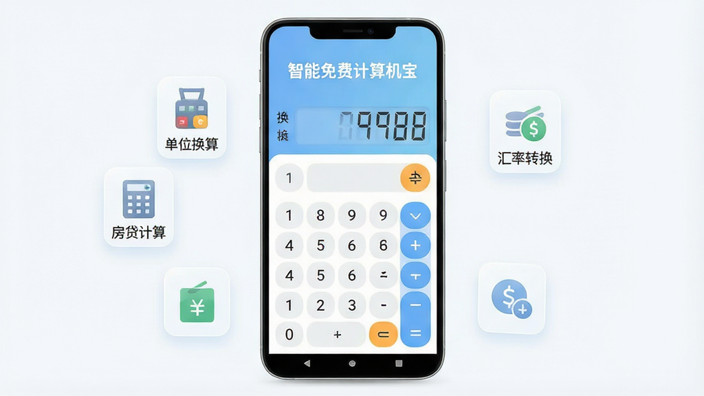 一张手机应用界面展示图,画面中央是「智能免费计算机宝」的主界面,主体为一部竖屏安卓手机,手机屏幕内显示简洁的计算器键盘布局,上方为数字显示区,下方为九宫格数字键和运算符号,界面以浅蓝和白色为主色调,顶部有「智能免费计算机宝」文字标识,手机周围悬浮着几个半透明的小图标分别代表单位换算、房贷计算、汇率转换等功能模块,整体布局干净整齐,风格为现代扁平化设计,细节圆润,画质清晰干净,无多余元素