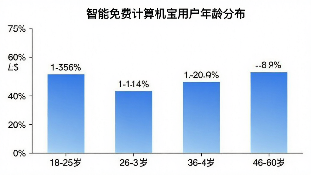 一张用户年龄分布柱状图,图表标题为「智能免费计算机宝用户年龄分布」,横轴为年龄段分为18-25岁、26-35岁、36-45岁、46-60岁四个区间,纵轴为用户占比百分比,柱状图颜色为蓝色渐变,每个柱子上方标注具体百分比数值,图表背景为白色,风格简洁清晰,画质干净,无多余网格线