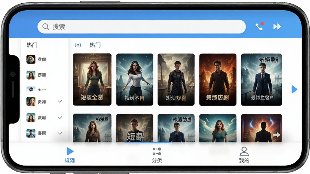 免费短剧全看集软件主界面展示,手机屏幕中呈现短剧分类列表与播放窗口,界面干净清爽,顶部有搜索栏,中部为热门短剧封面网格,底部为播放、分类、我的三个标签,整体蓝白配色,扁平化设计风格,画质清晰,无多余装饰元素