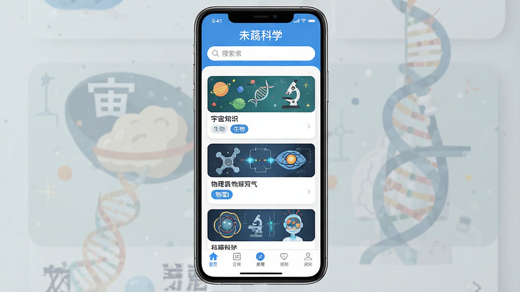 һ���ֻ�Ӧ�ý���չʾͼ�����������ǡ�δ�ؿ�ѧ��APP����ҳ���������������м���ͼ�Ĳ�ï�Ŀ�ѧ֪ʶ��Ƭ�����������桢��������ȷ����ǩ���ײ���������������������ˬ��࣬����ɫ������ƽ����ƣ����ʸɾ����޶���Ԫ��