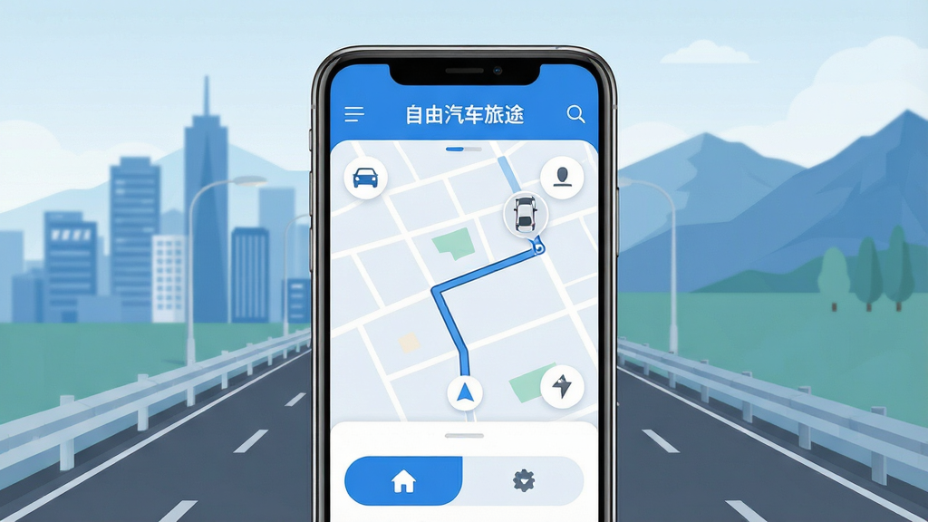 一张展示手机应用“自由汽车旅途”主界面的效果图,画面中央是一部智能手机,屏幕显示简洁的汽车出行导航界面,包含地图路线、车辆图标和功能按钮,背景是城市道路与远山的融合场景,整体风格扁平现代,色彩以蓝白为主,细节干净,画质清晰,无多余元素