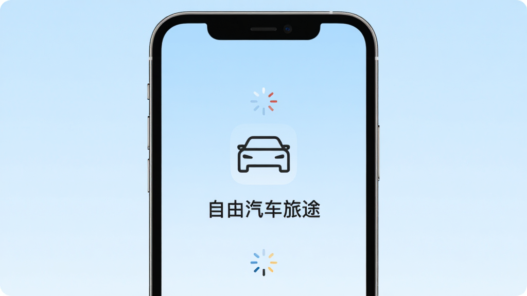 一部手机屏幕显示“自由汽车旅途”应用启动界面,画面简洁,中央有汽车轮廓图标,背景为淡蓝色渐变,周围有轻微的加载动画元素,风格清爽,画质干净,无多余装饰