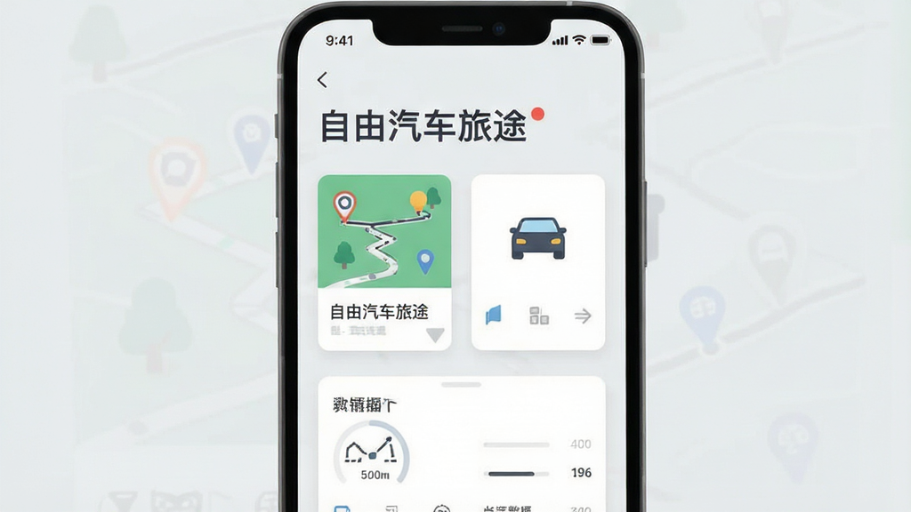 手机屏幕展示“自由汽车旅途”功能界面,画面中有路线卡片、车辆图标和简洁的数据面板,背景为浅灰色,风格扁平化设计,文字标签清晰,画质干净,无多余元素