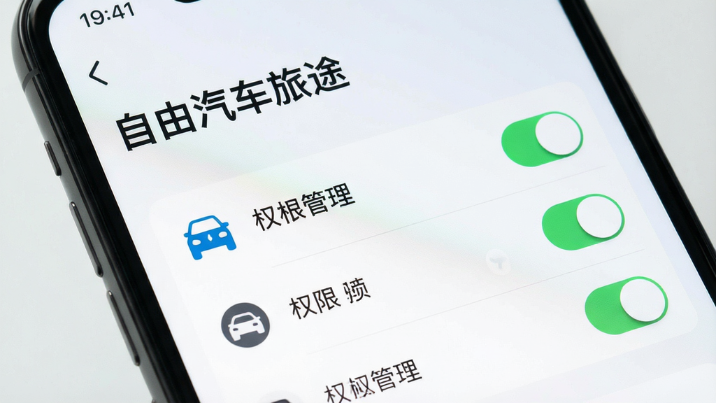 一张手机屏幕特写,显示“自由汽车旅途”应用内的设置或权限管理界面,画面中有权限开关列表和简洁的图标,背景为浅色,风格扁平,文字清晰,画质干净,无多余元素