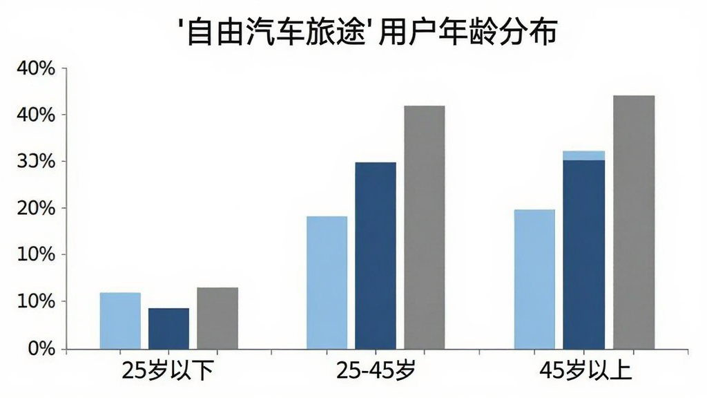 一张柱状图展示“自由汽车旅途”用户年龄分布,横轴为年龄段“25岁以下”“25-45岁”“45岁以上”,纵轴为占比百分比,柱子颜色分别为浅蓝、深蓝、灰色,图表风格简洁现代,背景白色,文字标签清晰,画质干净,无多余元素