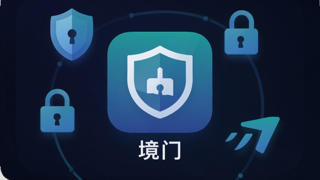 手机屏幕特写,居中显示一款名为“境门”的APP图标,图标设计简洁,背景为深色渐变,图标下方有“境门”文字标识,周围环绕着盾牌、锁、加速箭头等抽象安全符号,整体布局干净清爽,风格为现代扁平化科技风,细节圆润,画质清晰,无多余元素