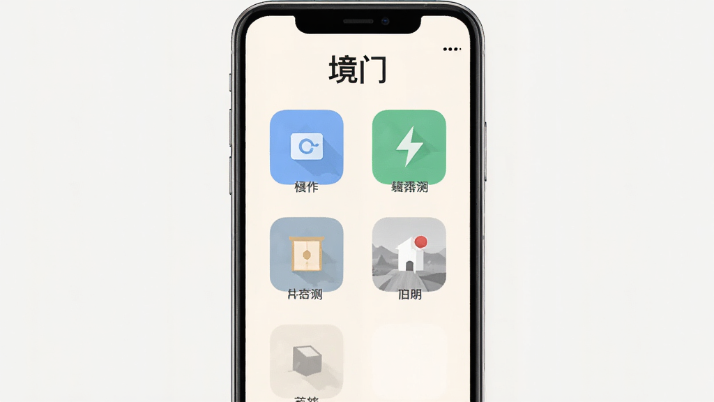 手机界面截图风格,画面中央展示“境门”APP的主界面,布局简洁,顶部有“境门”字样,中间为功能入口图标排列整齐,底部无广告横幅,背景为浅色,风格为现代扁平化UI设计,细节干净利落,画质清晰,无多余元素