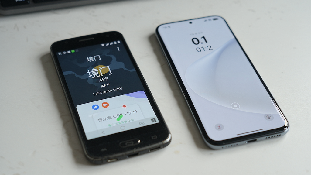 一部较旧款式的安卓手机放在桌面上,屏幕亮起显示“境门”APP运行界面,界面流畅无卡顿提示,手机旁边放着另一部现代智能手机作为对比,背景为简洁桌面环境,风格为写实产品摄影,光线自然,画质清晰,无多余元素