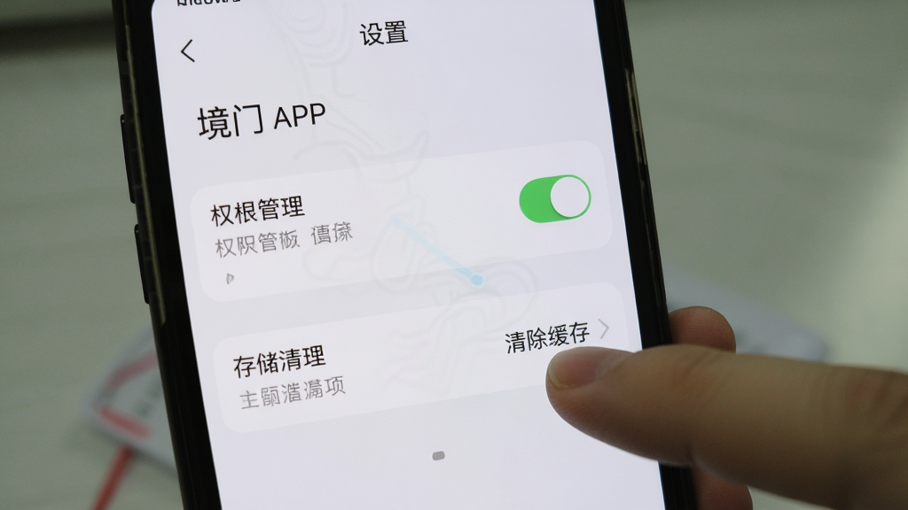 手机屏幕显示“境门”APP设置界面,画面中有权限管理开关和存储清理选项,界面布局清晰,用户手指正准备点击“清除缓存”按钮,背景为浅色系统设置风格,画质清晰,无多余元素
