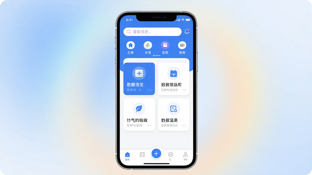 一张展示数智浩笙软件核心全貌的图片,画面中央是手机屏幕,屏幕上显示着数智浩笙App的主界面,界面设计简洁现代,以蓝白配色为主,顶部有搜索栏和功能图标,中间是卡片式功能入口,底部为导航栏,背景是柔和的渐变光晕,风格干净清爽,细节圆润,画质清晰,无多余元素