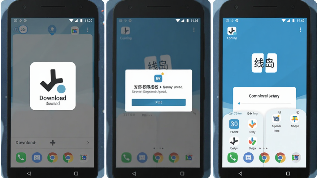 安卓手机安装应用步骤示意图,画面分为三个面板,左侧显示下载安装包界面,中间显示权限授权弹窗,右侧显示应用成功打开的主界面,界面中带有