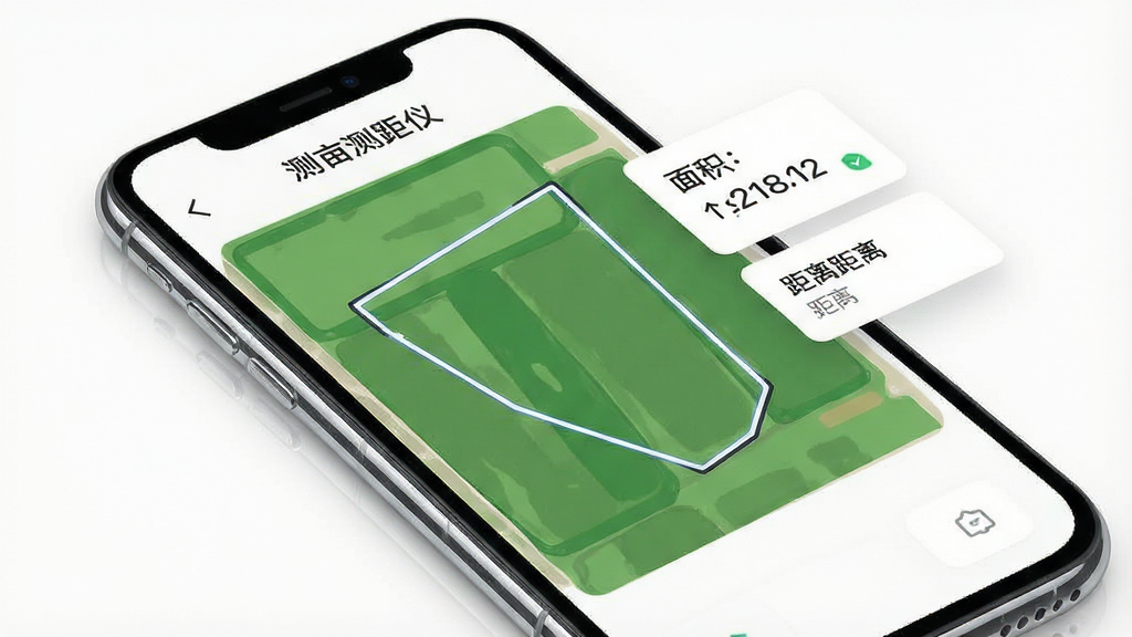 一张展示手机应用程序界面的图片,主体是一部智能手机,屏幕上显示着“测亩测距仪”的App界面,界面中央是一块绿色的农田地图,地图上清晰地勾勒出一块不规则多边形的测量轨迹线,旁边悬浮着面积和距离的数据卡片,布局简洁明了,风格现代扁平化,细节上手机边缘有柔和的反光,画质干净清晰,无多余元素