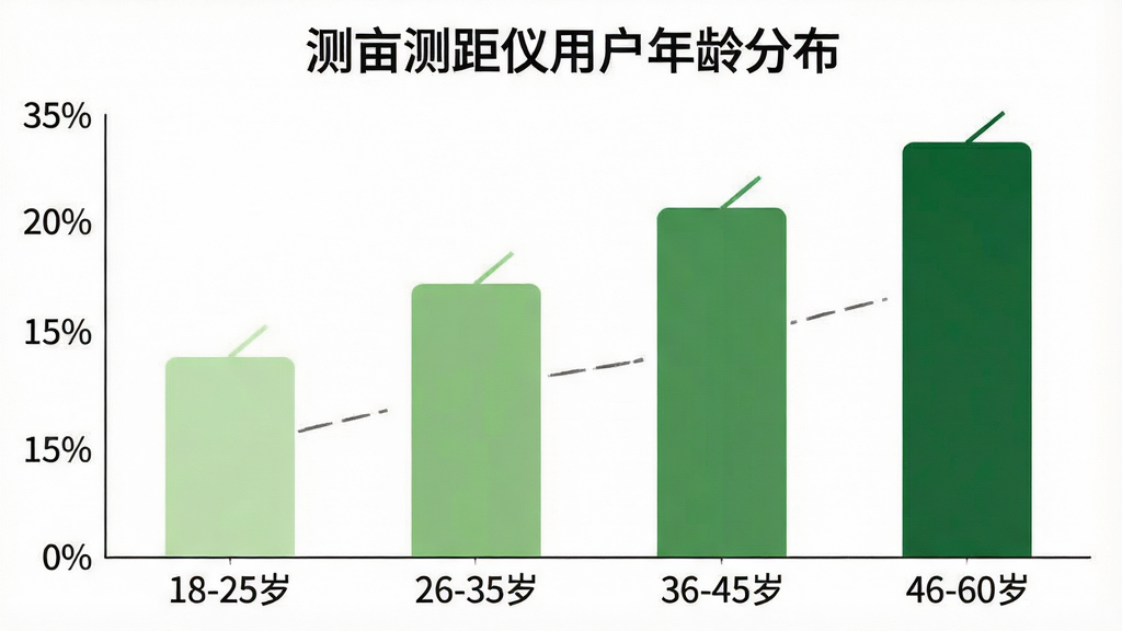 一张测亩测距仪用户年龄分布柱状图,画面中央是简洁的柱状图,横轴标注“18-25岁”“26-35岁”“36-45岁”“46-60岁”四个年龄段,纵轴为人数占比百分比,柱子颜色由浅绿到深绿渐变,图表标题为“测亩测距仪用户年龄分布”,背景白色,风格扁平干净,文字清晰,画质干净,无多余元素
