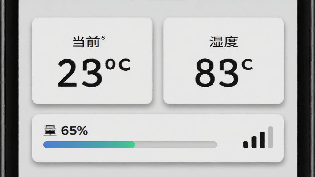 斯派莱尼App的设备详情页面截图,屏幕上显示着一个温湿度传感器的数据面板,有当前温度、湿度的大字显示,下方有电量百分比进度条和信号强度格数,界面背景是浅灰色,数据卡片有轻微的阴影效果,整体视觉专业且易读,画质细腻
