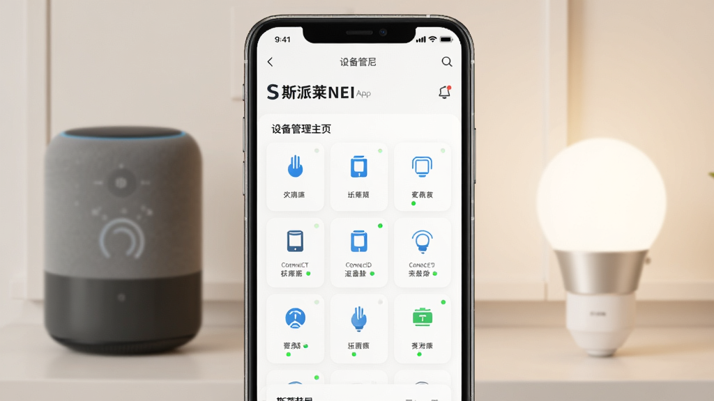 一张展示斯派莱尼软件核心界面的手机样机图,画面中央是手机屏幕,屏幕上显示着斯派莱尼App的设备管理主页,上面有已连接设备的图标和状态指示灯,背景是温馨的现代家居环境,有智能音箱和灯泡的虚影,整体风格是干净明亮的科技感,画质清晰,无多余杂乱元素