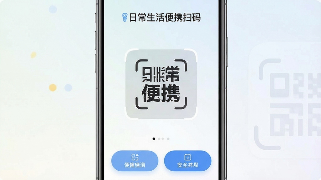 一张展示“日常生活便携扫码”App核心界面的手机截图,主体为手机屏幕,布局居中,屏幕中显示简洁的扫码取景框和下方功能按钮,排版清晰,风格现代扁平化,细节圆润,画质干净清晰,无多余元素,背景为浅色渐变,突出软件名称“日常生活便携扫码”字样