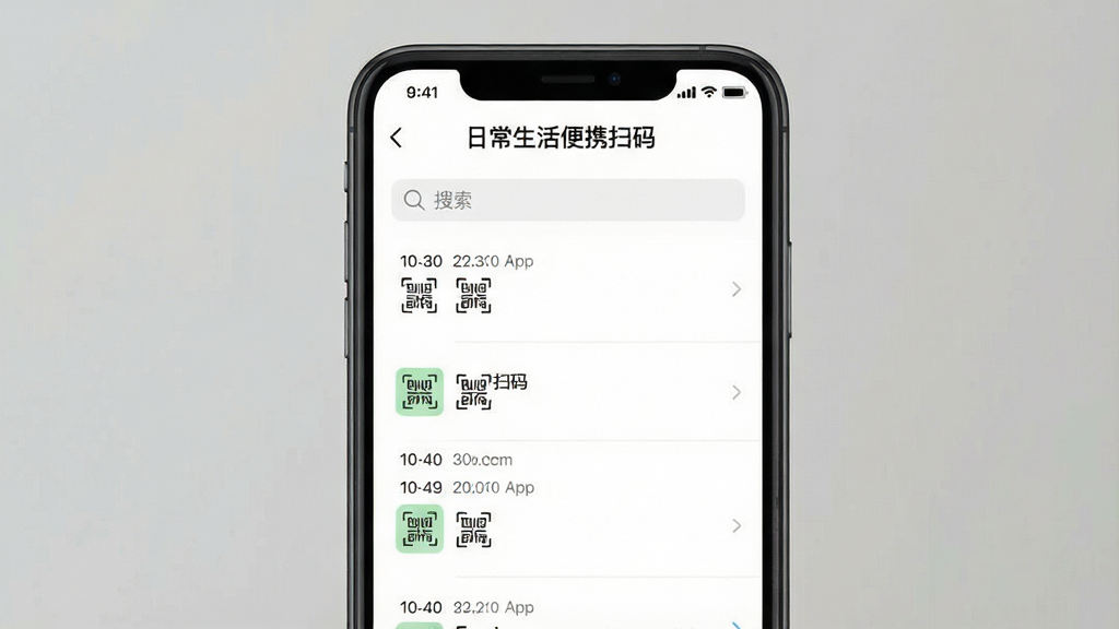 一张“日常生活便携扫码”App扫码历史记录界面展示图,主体为手机屏幕,布局为列表式排版,风格简洁实用,细节包含时间戳、扫码类型图标、搜索框,画质干净清晰,无多余元素,屏幕顶部显示“日常生活便携扫码”标题
