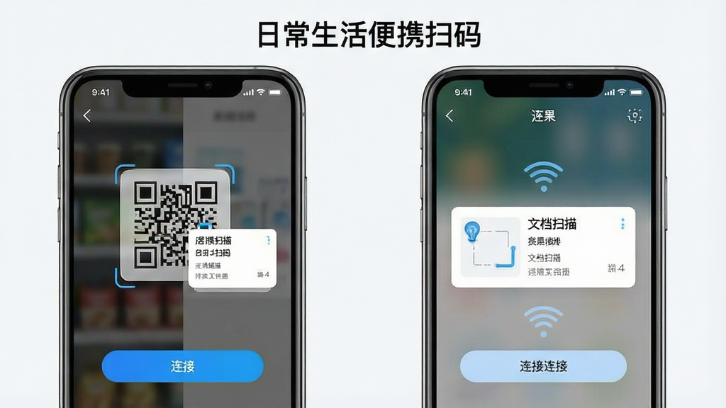 一张“日常生活便携扫码”App多场景识别功能展示图,主体为手机屏幕分屏展示扫码、文档扫描、WiFi连接三个模式界面,布局左右分栏,排版整齐,风格清爽科技感,细节包含取景框、识别结果卡片、连接按钮,画质干净清晰,无多余元素,画面中带有“日常生活便携扫码”文字标识
