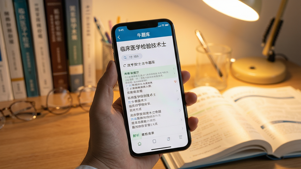 临床医学检验技术士牛题库手机端刷题场景,一只手拿着手机,屏幕显示题目和解析界面,背景是书桌和教材,暖色调光线,生活化场景,画质自然清晰