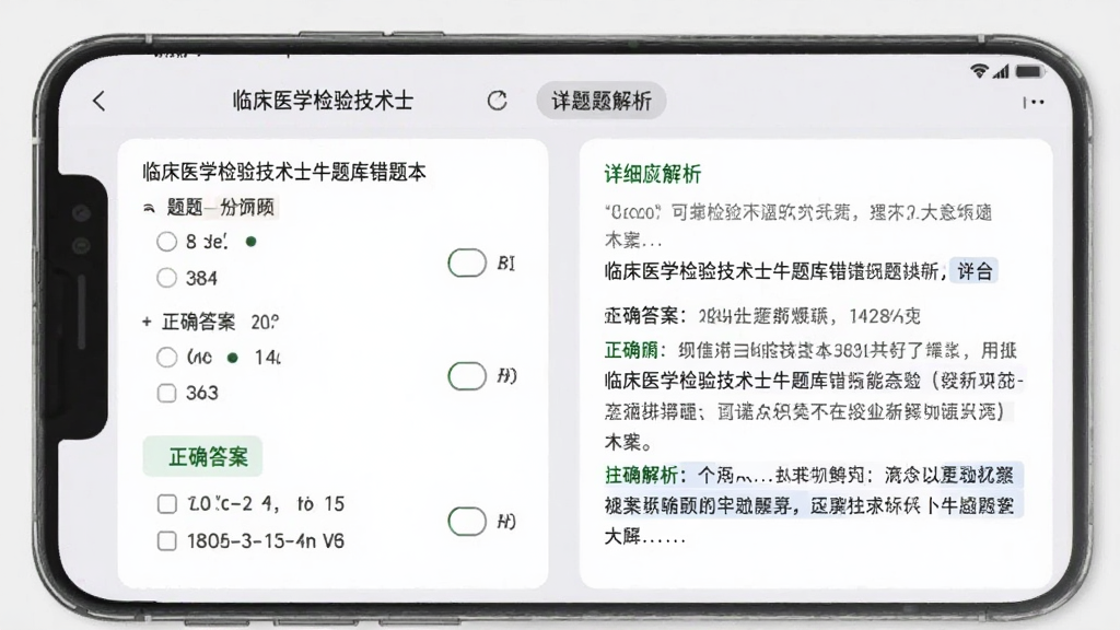 临床医学检验技术士牛题库错题本界面,手机屏幕显示错题列表和详细文字解析,包含题目、选项、正确答案和解析内容,浅灰色背景,卡片式布局,文字清晰易读,风格简洁