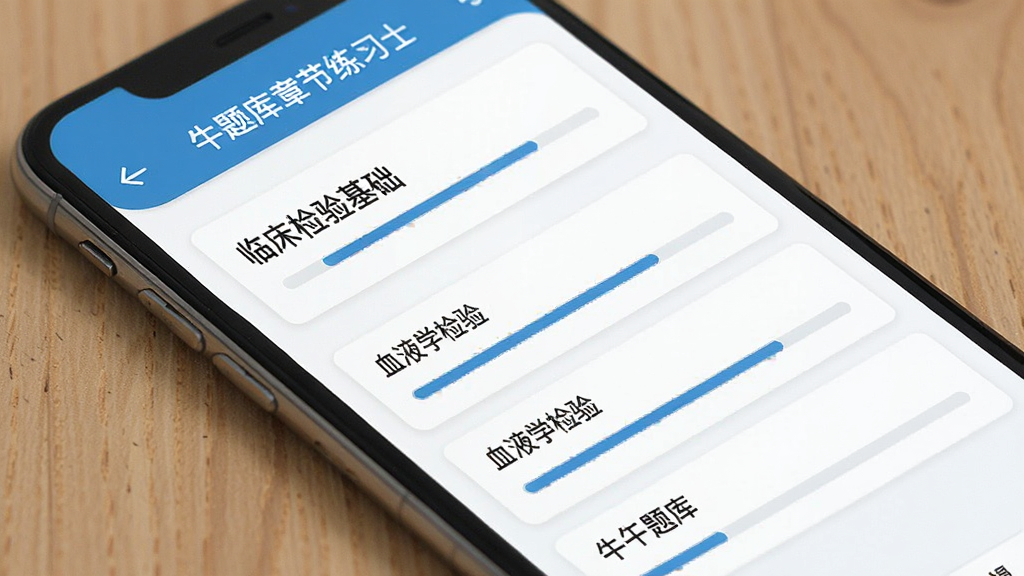 临床医学检验技术士牛题库章节练习界面,手机屏幕显示临床检验基础、血液学检验等模块列表,每个模块带进度条,蓝白色调,扁平化设计,界面干净整洁,无广告弹窗,画质清晰