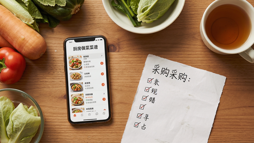 一张俯视视角的写实图片,画面是一张木质餐桌,桌上平放着一部手机,屏幕显示“厨房做菜菜谱”的菜谱列表,手机旁边整齐摆放着几样新鲜食材和一张手写的采购清单,画面一角有一杯茶,整体色调温暖柔和,构图简洁,重点突出手机屏幕内容,画质干净清晰,无多余元素。